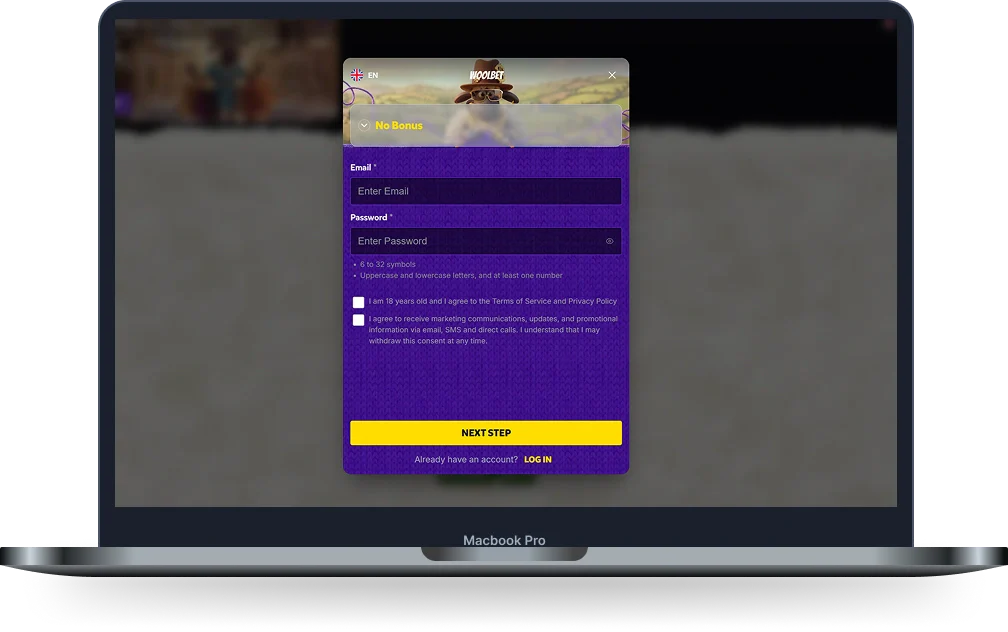 WoolBet Casino registration form with bonus selection, email and password fields, and account creation button